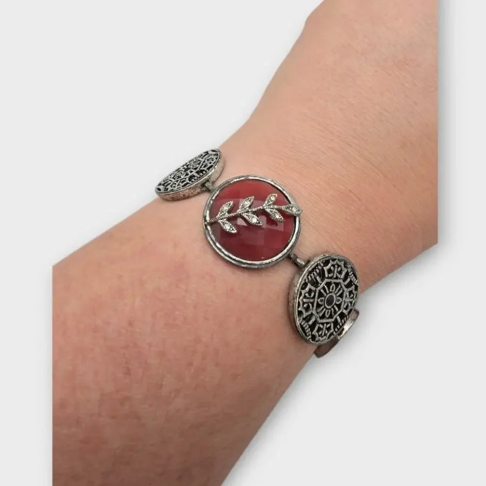 Lucky Brand Red Stone Medallion Bracelet – Rustic Boho Silver Tone